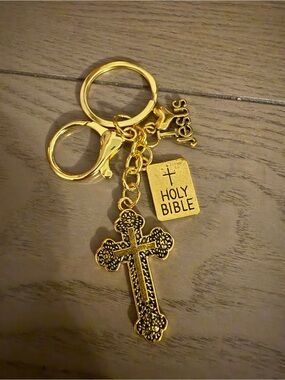 Holy Bible Cross Multi Charm Keychain in Gold Tone
